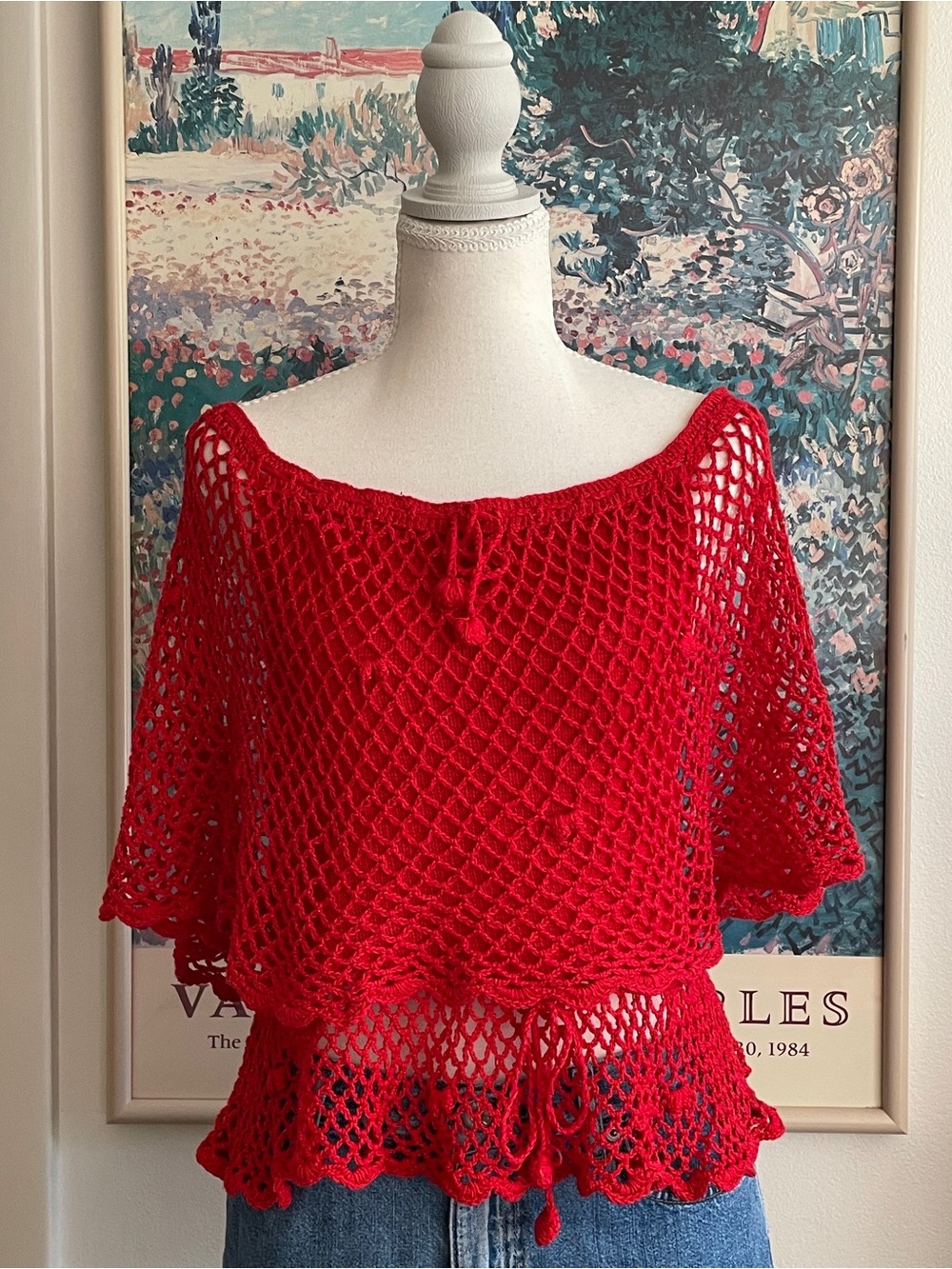 Red Crochet Knit Top Small Off The Shoulder Drawstring Scallop Hem Boho Festival